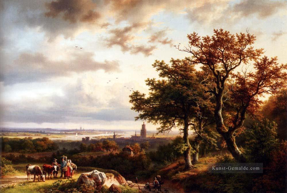 Ein Panorama Rheinische Landschaft mit Bauern im Gespräch auf einer Spur Barend Cornelis Koekkoek Ölgemälde